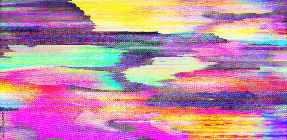 Poster digital pixel noise background with holographic rainbow leaks. lo-fi style illustration of a broken 