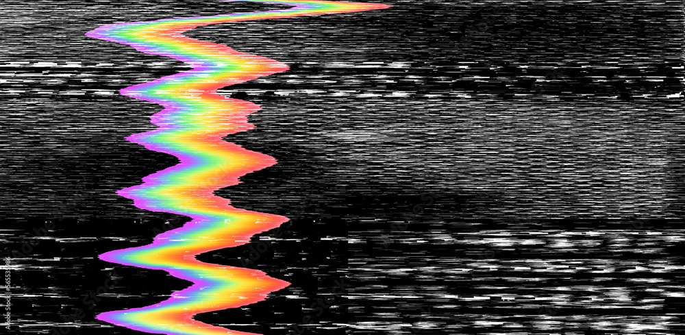 Poster digital background of pixel noise with holographic rainbow streaks. lo-fi illustration of a broken t