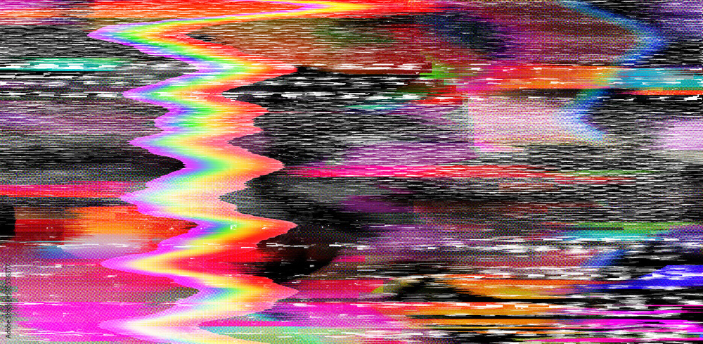 Poster digital background of pixel noise with holographic rainbow streaks. lo-fi illustration of a broken t