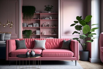 Modern living room interior with pink sofa