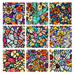 Fototapeta na wymiar Set of stained glass patterns with flowers and leaves. Colorful vector backgrounds.