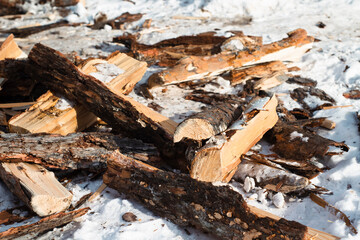 Chopped Firewood Outdoors in Winter