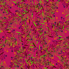 Chaotic mixed wild herbs and plants, twigs and leaves Bright colorful floral seamless pattern on a magenta background