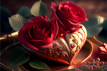bouquet of red roses with a gold heart
