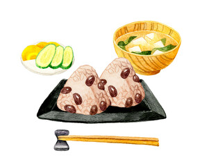 赤飯おこわのおにぎり・味噌汁・漬け物　日本の朝食セット　和食の手描き水彩イラスト素材