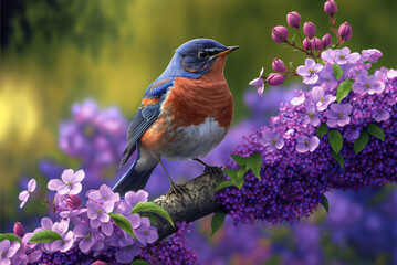 Robin bird in Spring season on a tree branch covered with purple flowers. Generative AI