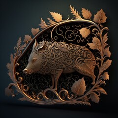 Gold Filigree Inlaid Wild Boar (generative AI)
