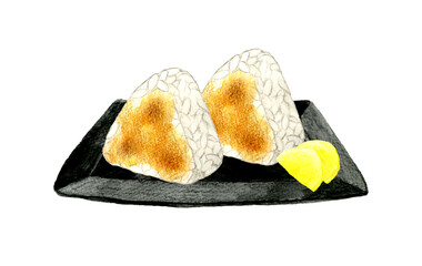 お皿に乗った焼きおにぎりとたくあん　和食の手描き水彩イラスト素材
