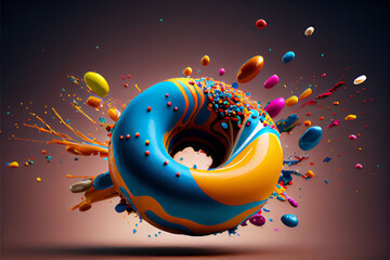Colorful Sweet Flying Donuts Splashing a Dark and Moody Background AI Generative 