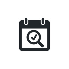 flat vector illustration isolated on white background, calendar icon with magnifying glass and check mark