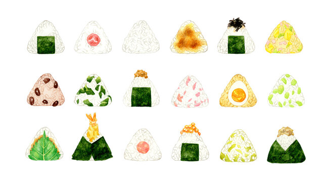 おにぎりのセット　和食の手描き水彩イラスト素材集