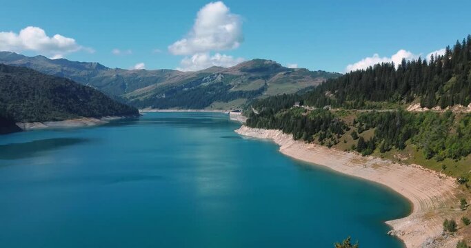Roselend chapel and Lac Roselend, near Beaufort and Col de Cormet de Roselend, Savoie, France