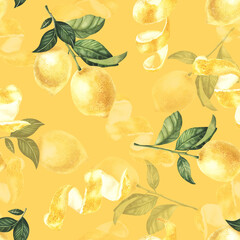 Obraz premium lemon, watercolor pattern, background, fruit, wallpaper, painting, drawing on yellow background