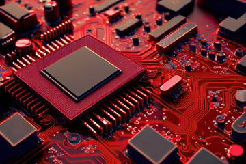 Chip and digital Tech circutiry,close up,red
