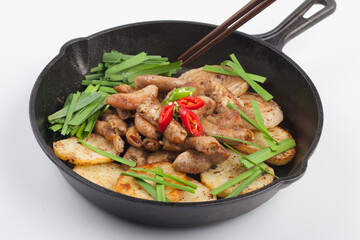 Finely chopped small intestine seasoned and grilled.