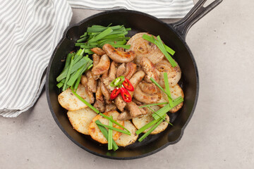 Finely chopped small intestine seasoned and grilled.