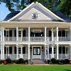A colonial-style house with a symmetrical design and a front porch3, Generative AI