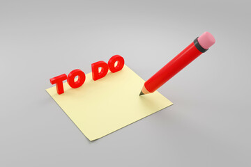 3D Illustration of Assorted School Supplies red pencil and yellow stick note