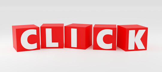 3d render sign click on red cubes and light background. Simple minimalism concept.