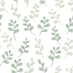 Floral green leaves seamless pattern by watercolor painting in pastel green tone isolated on transparent background