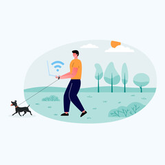 One relaxed boy stand on On the Open field with laptop. have goat with him. Looking is laptop screen. flat vector flat illustration.