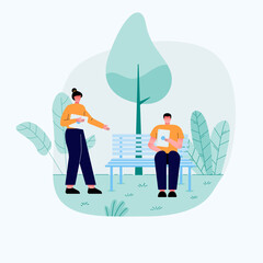 One Boy Sitting in the part on the bench & One girl is going to sitting bench. Both have tablet i their hand. flat vector flat illustration.