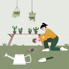 The girl is cutting checking the plants in the garden with care. Flat vector illustration. Householding works and human activity banner.