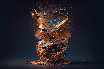 Explosion of Roasted Coffee Beans in Ground Coffee Against a Dark and Moody Background AI Generative 