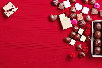 Bunch of chocolates on top of a red table - Illustration, valentine, romantic