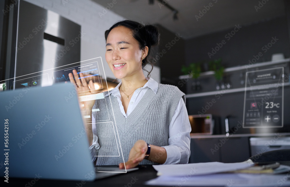 Poster Computer overlay, futuristic data and ai hologram with a asian woman working with 3d design. Digital, future and laptop infographic of a virtual reality designer employee doing a graphic analysis