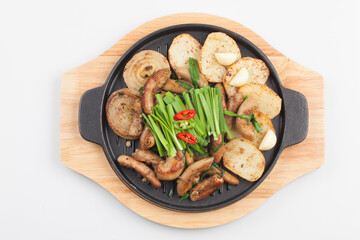 Finely chopped small intestine seasoned and grilled.