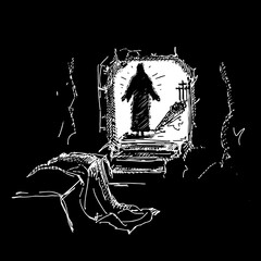 Hand-drawn vector illustration for Easter. The resurrected Jesus Christ came out of the empty tomb.