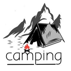 image of mountains and tents on white background