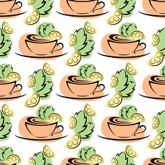 Cups of tea with mint and lemon  on white background vector seamless pattern. Best for textile, cafe decor, wallpapers, wrapping paper, package and web design.