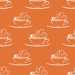 Cups of tea with mint and lemon. White line art on orange background vector seamless pattern. Best for textile, cafe decor, wallpapers, wrapping paper, package and web design.
