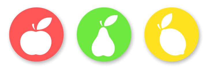 Fruits flat icons collection. Stylized white apple, pear and lemon on soft color background. Best for mobile apps, social media, highlights and web design.