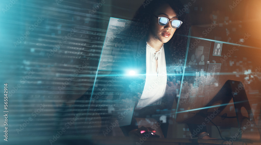 Poster digital, data and stock market with a woman trading while working in an office at night for forex in