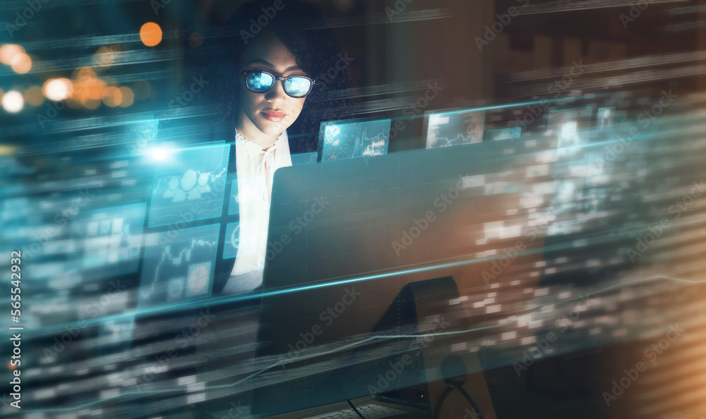 Leinwandbilder digital, fintech and stock market with a woman trading while working in an office at night for forex