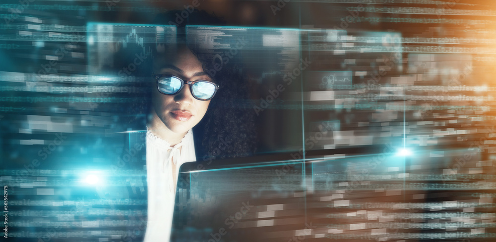 Poster digital, finance and stock market with a woman trading while working in an office at night for forex