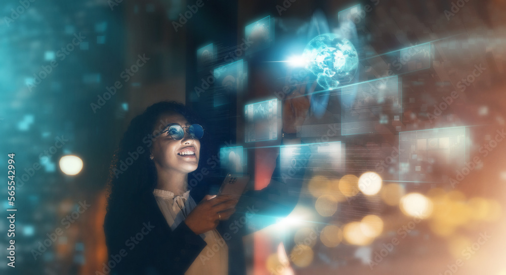 Fototapete Woman, tech overlay and phone in office for finance research, data analytics or digital job in night. Cybersecurity expert, fintech or happy in dark workplace with 3d hologram abstract in programming