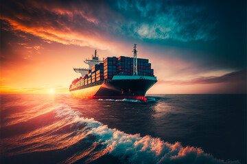 Cargo transportation industry concept. Container ship in the ocean at sunset sky background with copy space, Generative AI. Global business logistics concept. Commercial ocean cargo delivery.