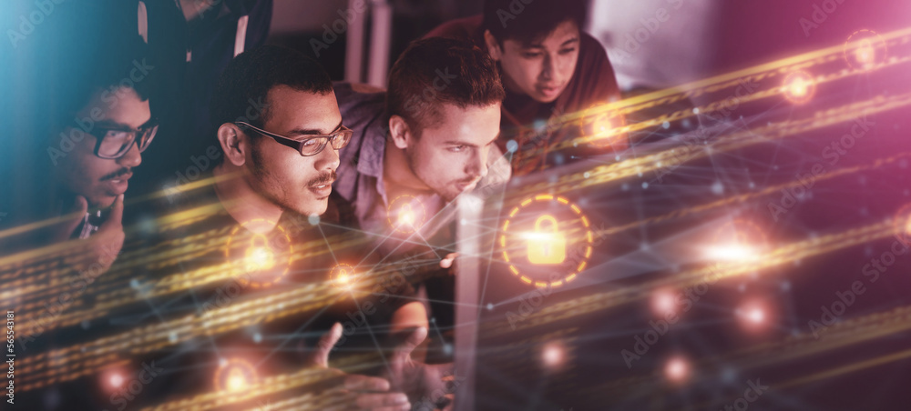 Aufkleber Teamwork, cybersecurity overlay and business people on computer working on software, database and crypto. Information technology, innovation and programmers thinking with 3d hologram for research