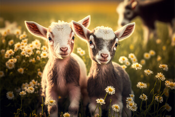 Small goatling in white flowers at sunny day, Two white baby goats standing on green lawn, Generative AI. Farming concept. Animal growing concept.