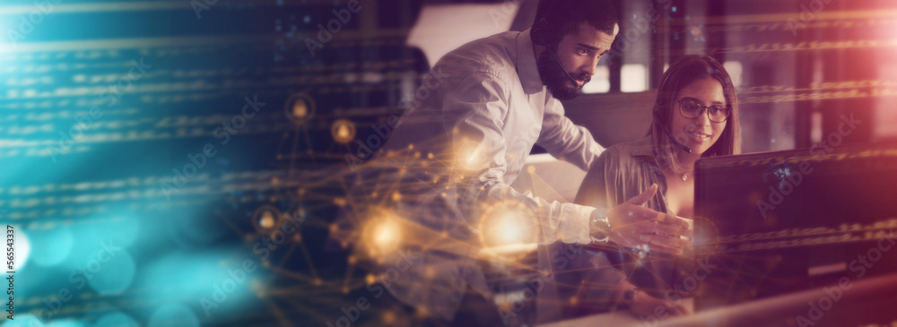 Aufkleber Teamwork, digital hologram and business people on computer working on software, crm database and network. Information technology, customer support and man help woman with 3d abstract for call center