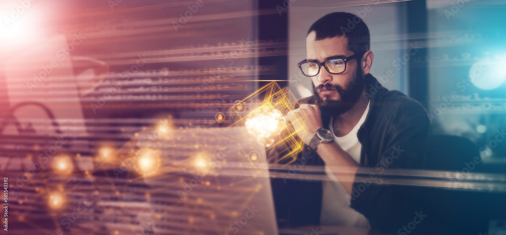 Aufkleber Digital, future and night with a designer man at work in a dark office for overtime on a cybersecurity project. Overlay, hologram or innovation with a male programmer or developer working on design