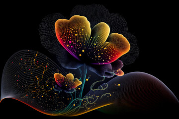 Colorful digital flowers on black background. Big data technology in gardening concept. Computer science in gardening and plant growing. Growing technology. AI in plant growing. Generative AI.