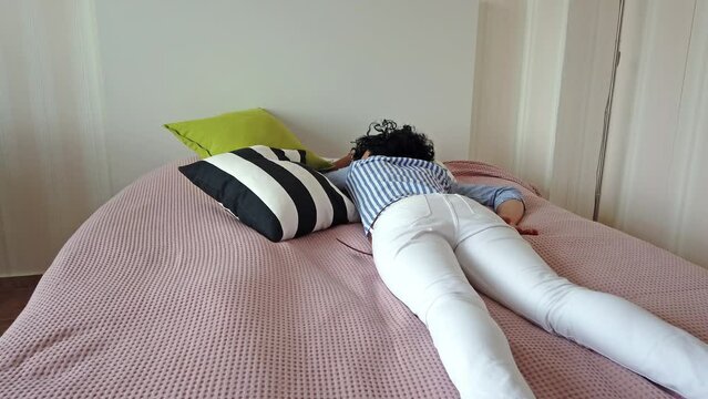 Young unconscious woman lying on bed. Suicide concept