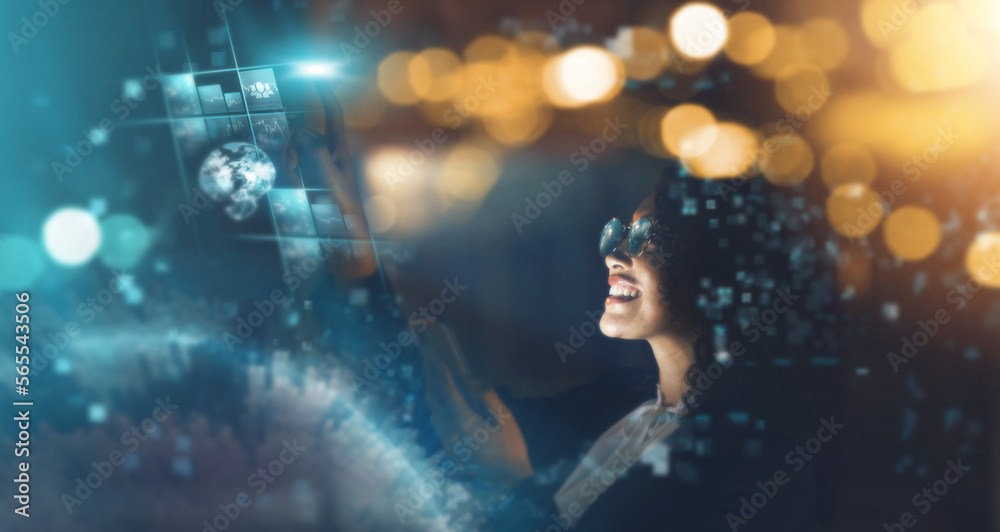 Poster black woman, overlay and global tech at night for research, information technology or digital job. i
