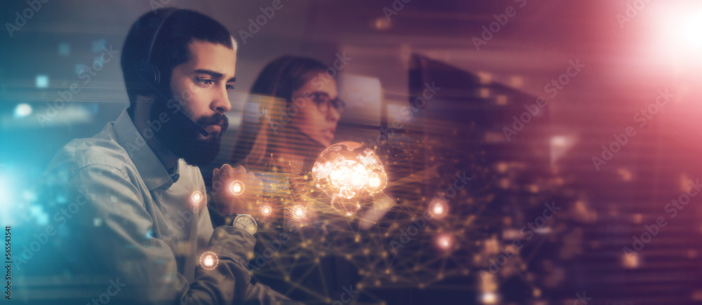 Poster businessman, woman and overlay in night at office for crm teamwork, tech support consulting and it h