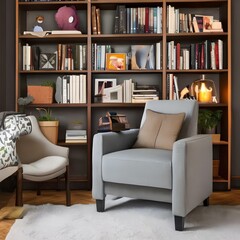 A cozy and comfortable reading nook with a plush armchair and a bookshelf3, Generative AI